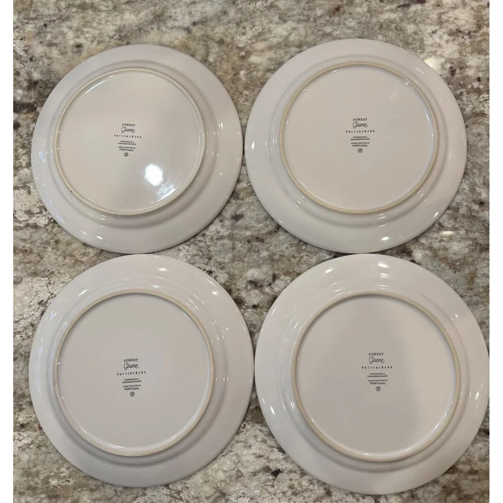 Pottery Barn Forest Gnome Salad Plates Set of 4 Christmas Holiday Stoneware 9in
